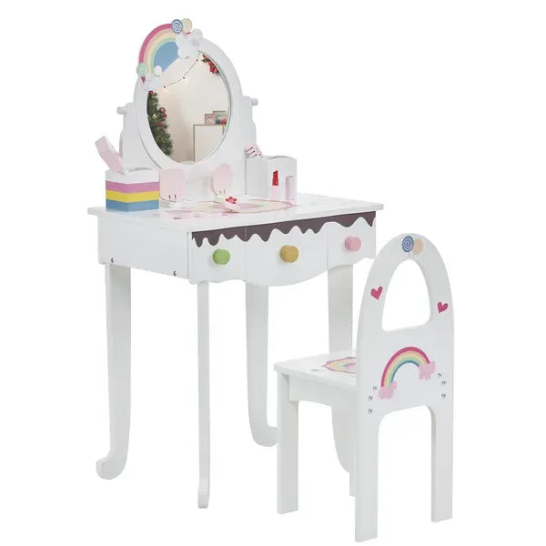Kids Vanity Table And Chair Set With 7pcs Pretend Play Makeup Toys, Girls Vanity With Mirror & Stool, 3 Drawers & Tabletop Storage, Princess Table For Toddlers, White
