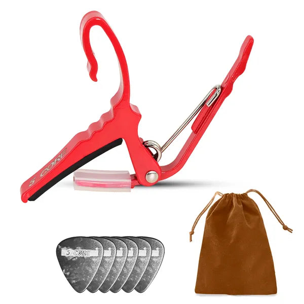 5Core Capo Acoustic Electric Guitar String Clip Banjo Mandolin Or Ukulele + 6Pcs Guitar Picks Celluloid Puas Para Guitarra + Carry Bag - CAPO AL RED