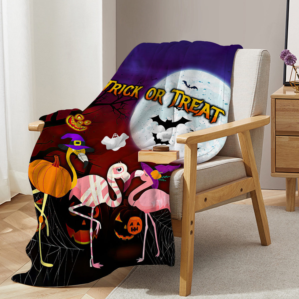 1Pc  Of Flannel Halloween Flamingo Cute Pet Theme Soft And Fluffy Multifunctional Outdoor Beach Camping Living Room Sofa Office Nap Printed Blanket