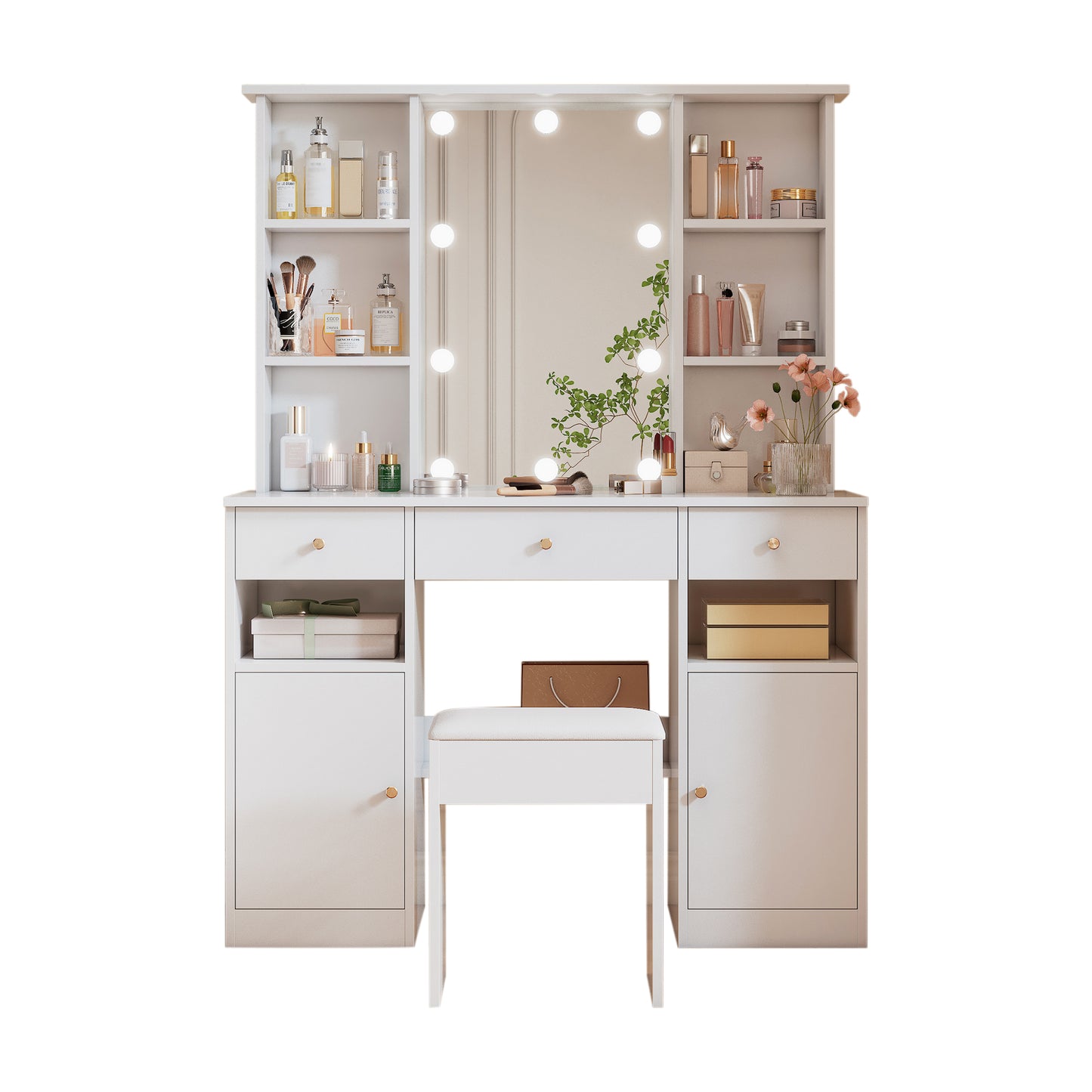 Large Dressing Table, Makeup Table With Adjustable LED Lighting, With Mirror And Dressing Table Stool, 3 Drawers And 2 Doors, Bedroom White, Dimensions H151 Cm XB110cmX T40 Cm