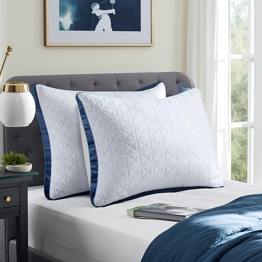 2-Pack Luxury Bed Pillows - Breathable Down Alternative Gusseted Supportive Pillows With White & Navy Blue Elegant Pattern, Soft Fiber Fill For Enhanced Sleep Quality, Machine Washable - Hotel & Home