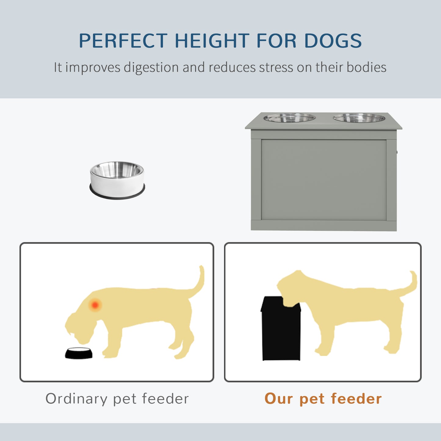 Raised Pet Feeding Storage Station with 2 Stainless Steel Bowls Base for Large Dogs and Other Large Pets, Gray