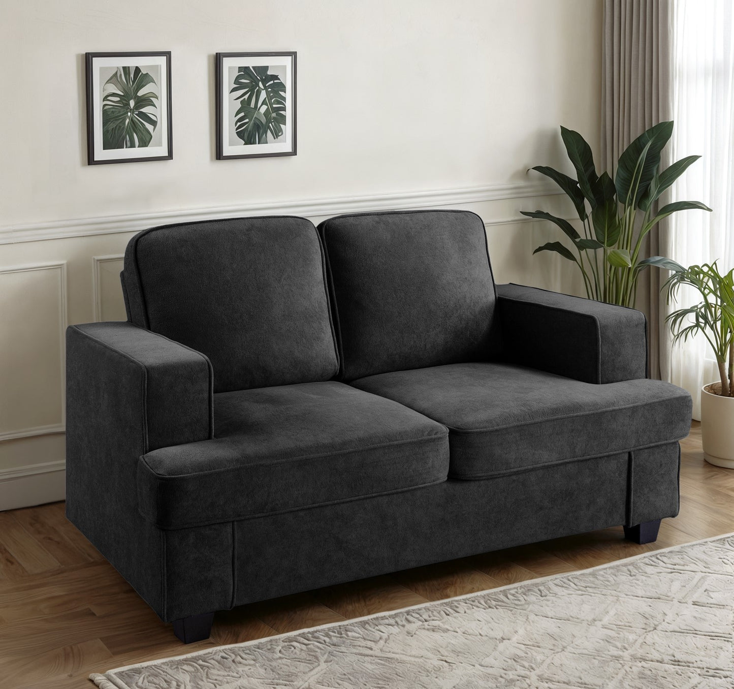 Modern Velvet Loveseat, Comfortable 2 Seater Couch With Deep Seating And High-Density Foam, Loose Back Cushions, Wide Arms, Living Room Furniture For Home, Apartment, Office, Black