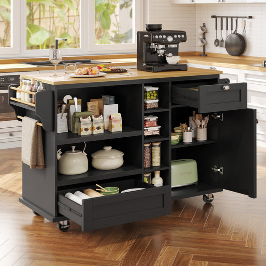 Dining Trolley  129 X 46 X 92 Cm , Modern And Simple Black Movable Kitchen Dining Trolley With Drawers And Storage Cabinets, Light Brown Wooden Countertop Previous Sku N620P19312829S
