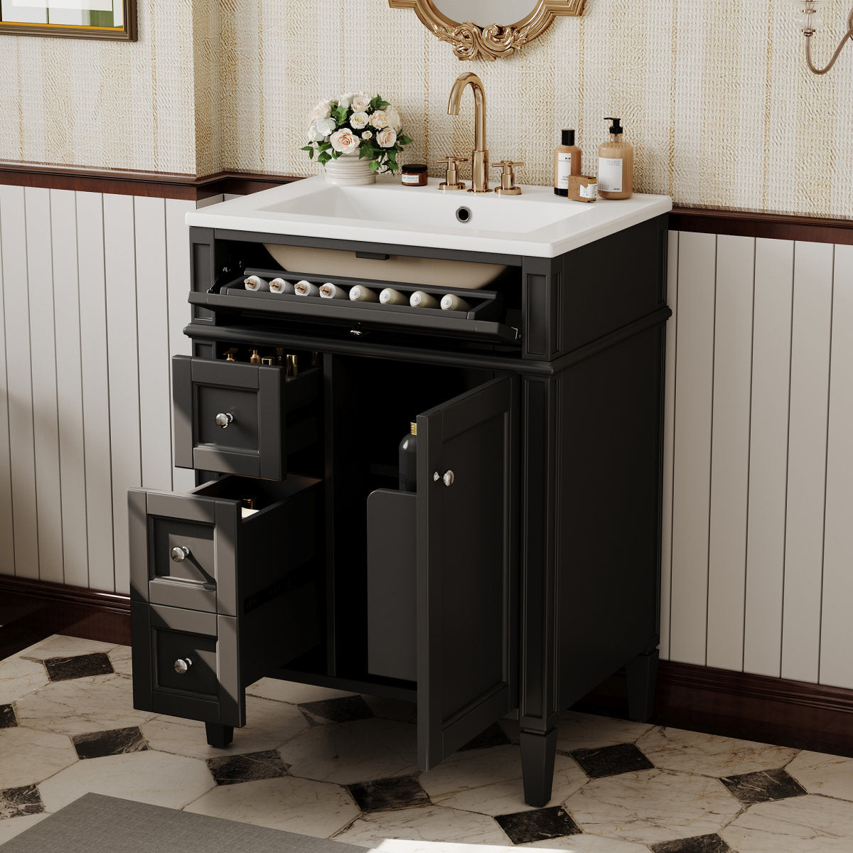24'' Bathroom Vanity with Top Sink, Modern Bathroom Storage Cabinet with 2 Drawers and a Tip-out Drawer, Single Sink Bathroom Vanity
