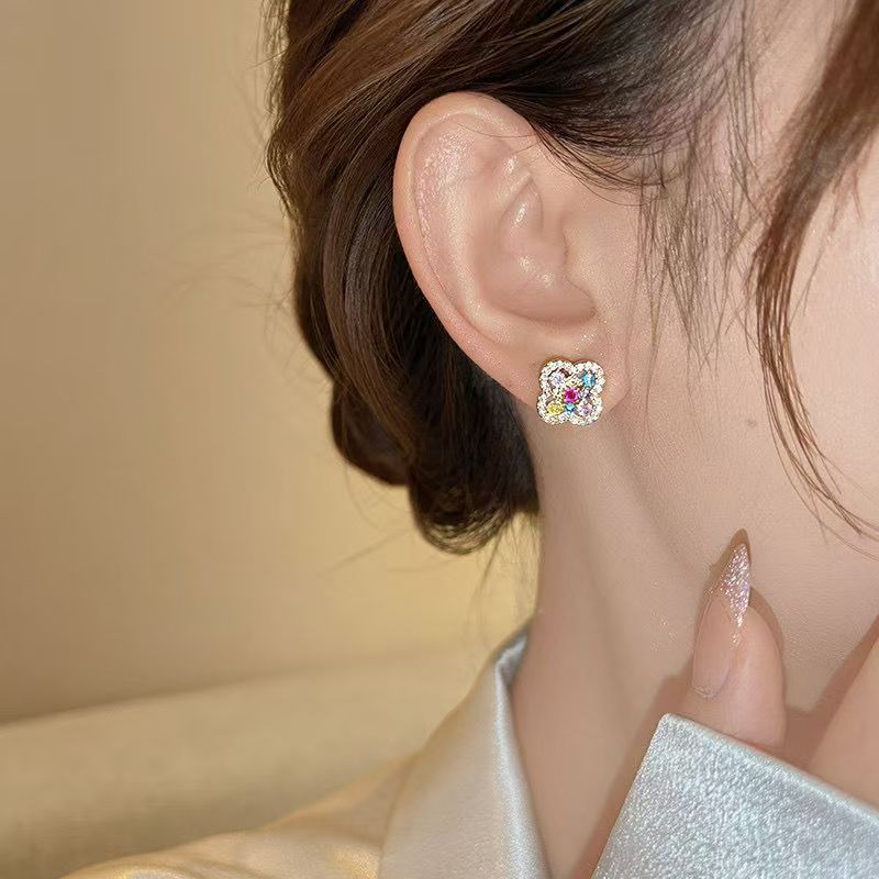 Colorful Zircon Four-Leaf Clover Stud Earrings For Women, Unique Beautiful Light Luxury High-End New Arrival Ear Jewelry