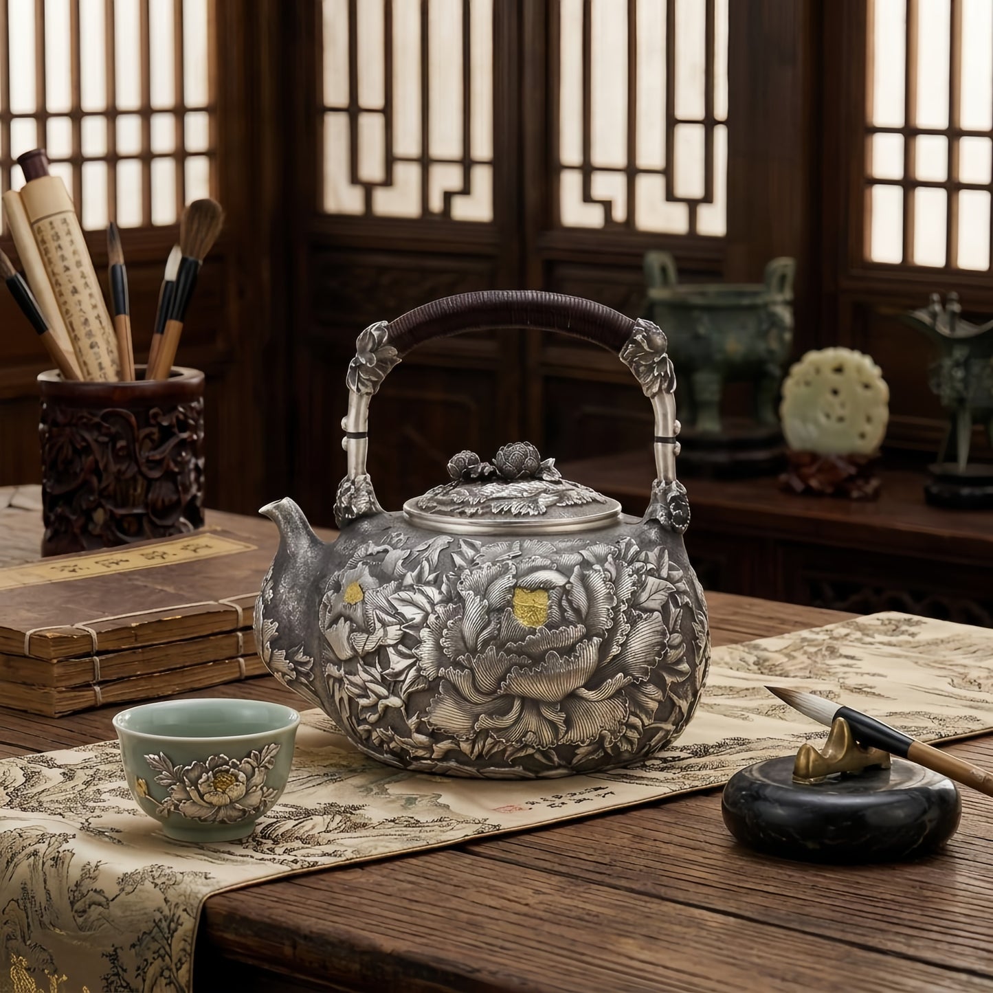 Pure 999 Fine Silver Handcrafted Silver Tea Kettle Featuring Intricate Peony Relief and Woven Handle - Handicraft