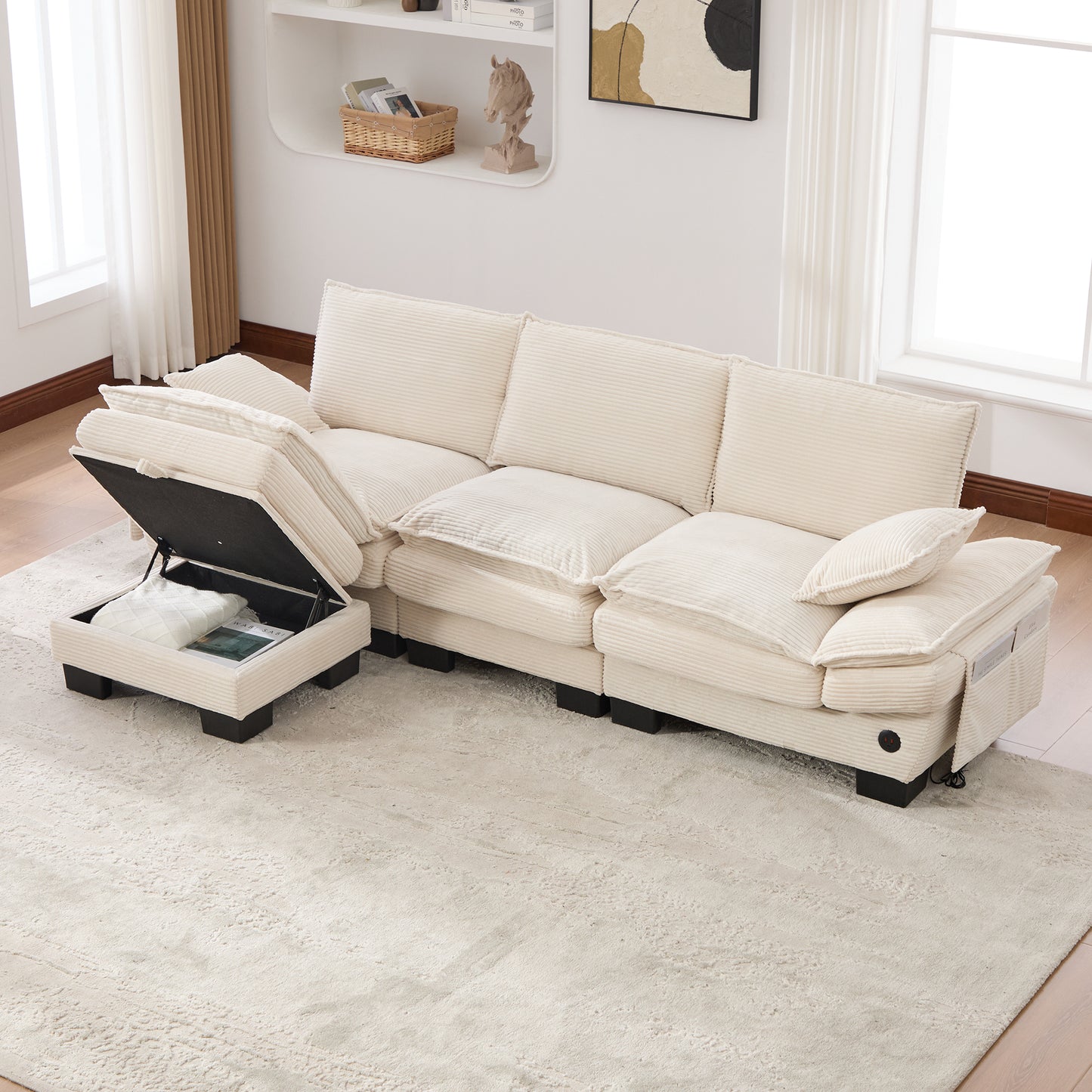 Modular 3-seater Corduroy Sofa  With 1 Stool Wide Seat, Ergonomic Design, High-density Foam Padding, USB-C Port And Side Pockets. Ideal For Living Room, Office Or Lounge.Beige