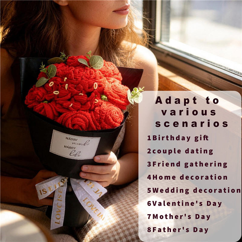 Hand-crocheted Red Rose Bouquet Paired With Eucalyptus Preserved Wool Flowers, Eleg In Black Luxurious Wrapping For A Romantic Floral Gift.