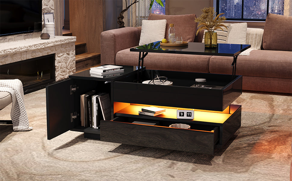 95X50X40cm Liftable Coffee Table, Living Room Table, Side Table, Coffee Table With 1 Drawer, 1 Cabinet, Sofa Table With LED, High Gloss Tea Table With Hidden Storage, Semi-Open Storage, Black