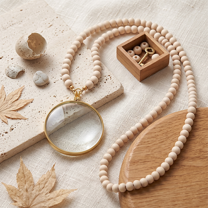 Retro Magnifying Glass Necklace With Natural Wood Beads - Long Adjustable Reading Magnifier Pendant - Vintage Boho Gift For Book Lovers Men Women