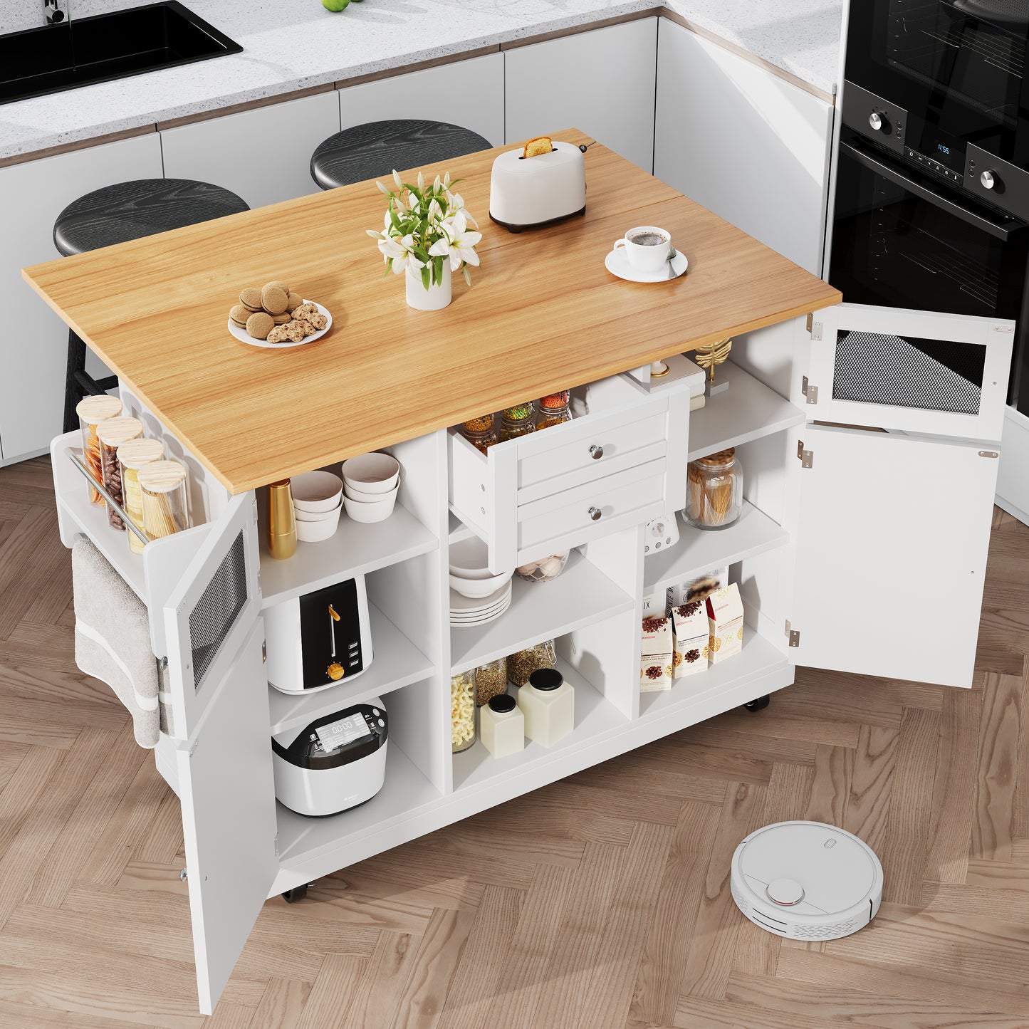 Kitchen Island, Dining Cart With Worktop, Buffet Cabinet, Wood-Grain Dining Cart, Side Towel Rail, Three-Dimensional Cabinet Doors With Casters, Adjustable Dividers, White