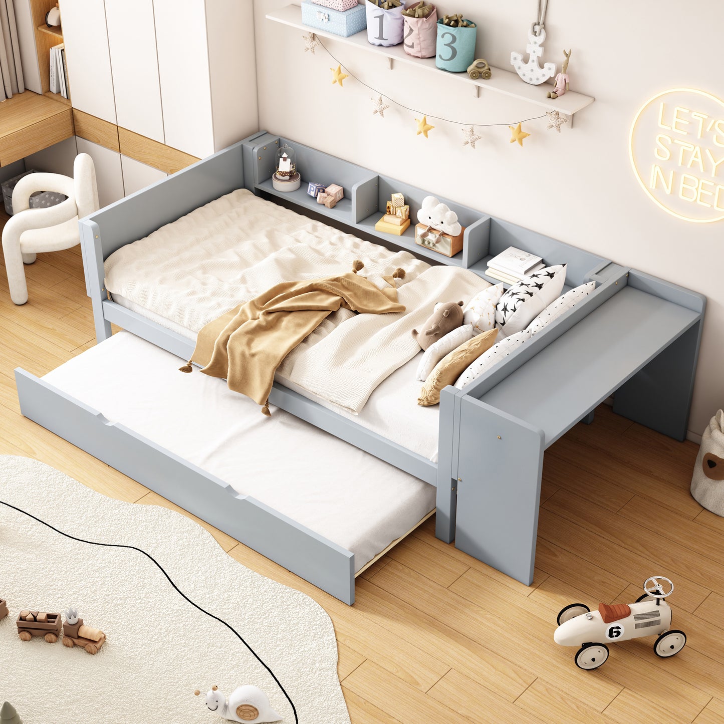 90x200cm, Flat Bed, With Pull-out Bed, With Desk, Three Shelves On The Side Of The Bed, Grey