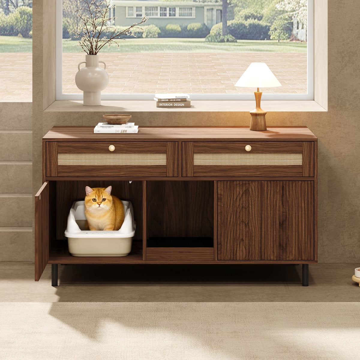 Cat Litter Box Cabinet With Sand Trap Mat, Cat Cabinet For Litter Box, Pet Cabinet With Rattan Drawers, Pet Sideboard TV Cabinet, Without Litter Box, Walnut Colors, 120x50x65 Cm