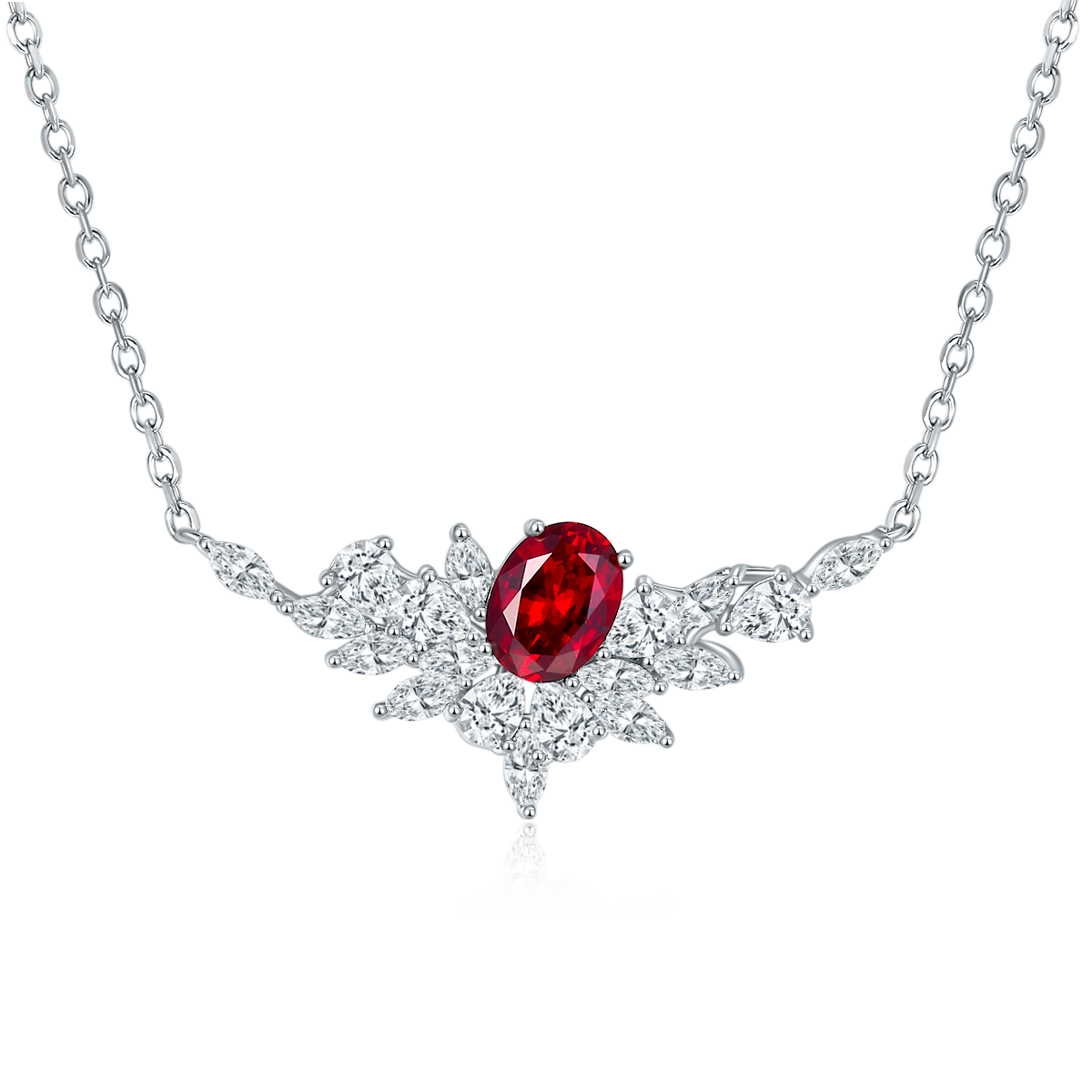 S925 Sterling Silver Lab-Grown Ruby Sapphire Necklace, 8x6mm Oval With Marquise Cluster, Platinum Plated 40&45cm Chain, 5g, Gift Box