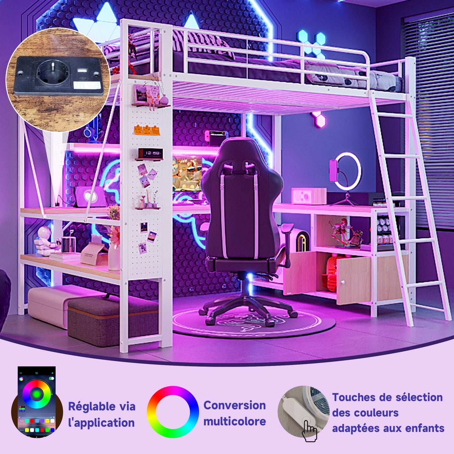 Loft Bed, 140 X 200 Cm, Iron Frame, With LED Light Strip, Desk, Storage Space, Several Shelves, Perforated Wall, USB Port, Without Mattress, White