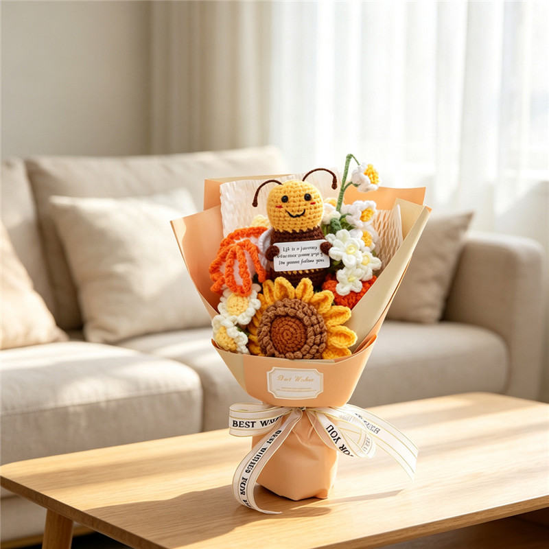Handmade Crochet Bouquet With Cute Bee Doll, Sunflowers And Daisies, Everlasting Soft Yarn Knitted Floral Keepsake For Indoor Home Decor