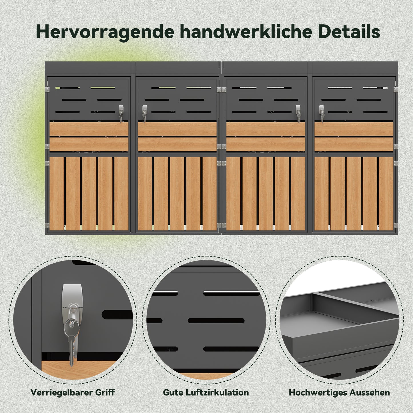 Multifunctional Outdoor Cabinet With Integrated Plant Box, Slat Ventilation, Four Separate Compartments, Galvanized Steel Frame And Safety Chain  For Storage & Garden Decoration  Without Waste Bin