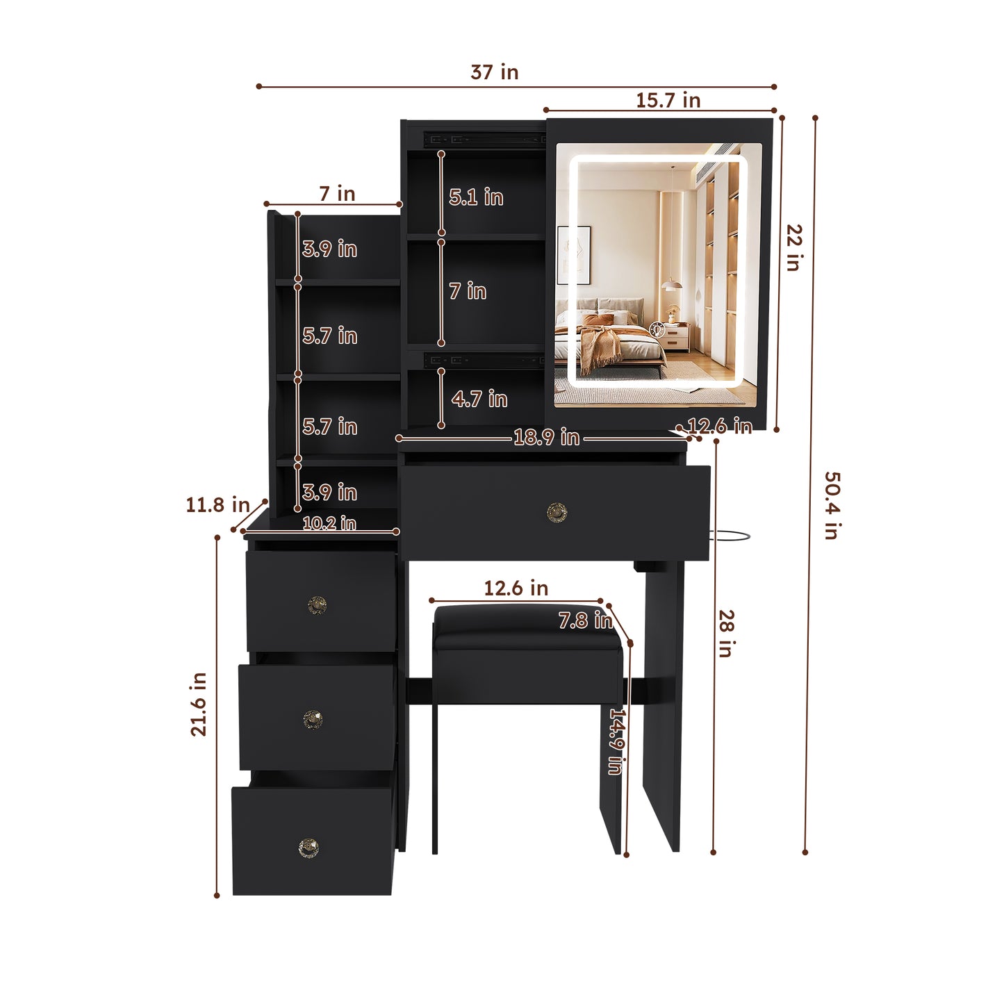 Modern Vanity Desk  Featuring 3 Modes Of LED Lighting With Adjustable Brightness   With 4 Drawers And Multiple Open Storage Shelves  With A Hair Dryer Holder And Power Socket   A Dressing Chair. Black