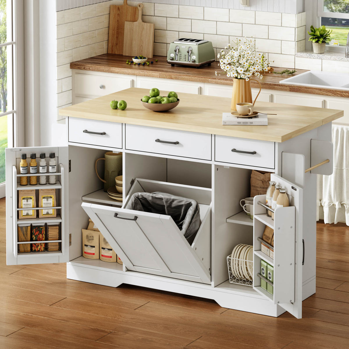 Mobile Kitchen Island With Foldable Worktop, Kitchen Trolley, Storage Cupboard, Garbage Cabinet, Buffet Cabinet With Spice Rack, Drawer And Castors, 120 X45X87 Cm