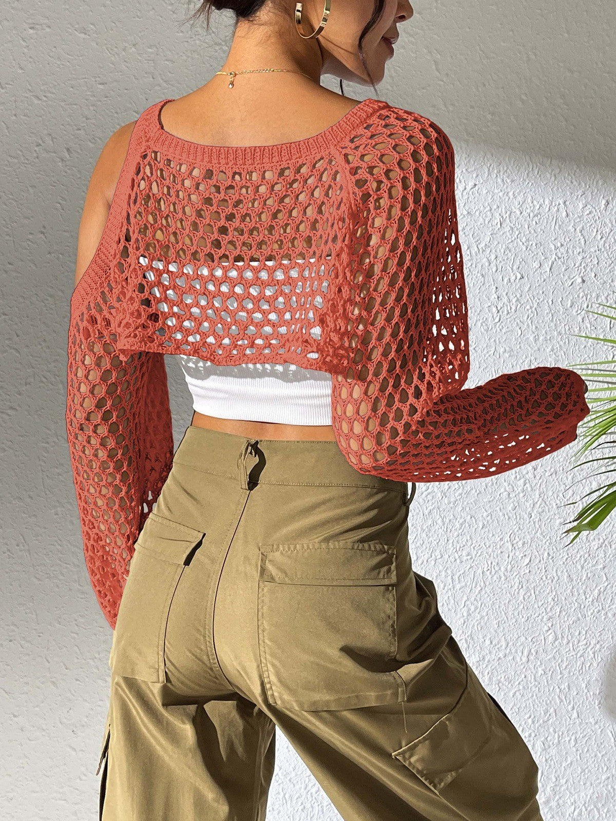 Women Sexy Cropped Crop Top, Hollow Knit Cover Up, European American Cross-border Fashion Casual Outerwear