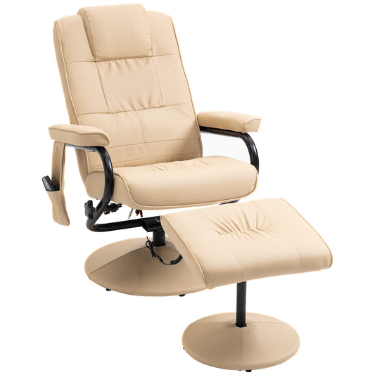 Swivel Recliner Chair And Footstool, Faux Leather Massage Recliner Armchair With Remote Control And Round Wrapped Base, Beige
