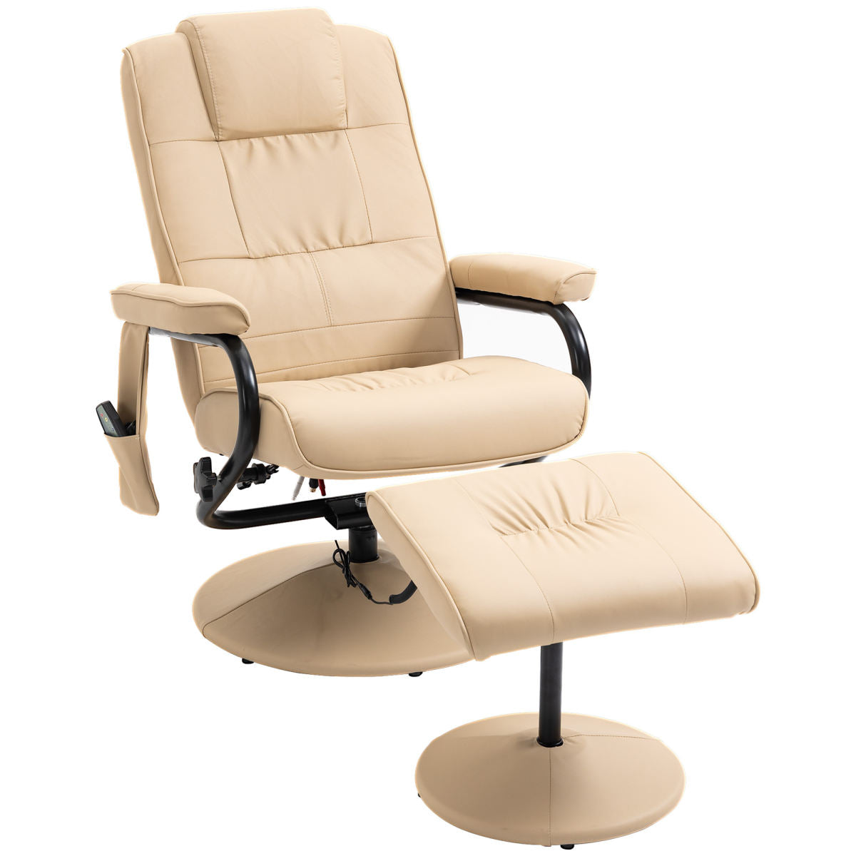 Swivel Recliner Chair And Footstool, Faux Leather Massage Recliner Armchair With Remote Control And Round Wrapped Base, Beige