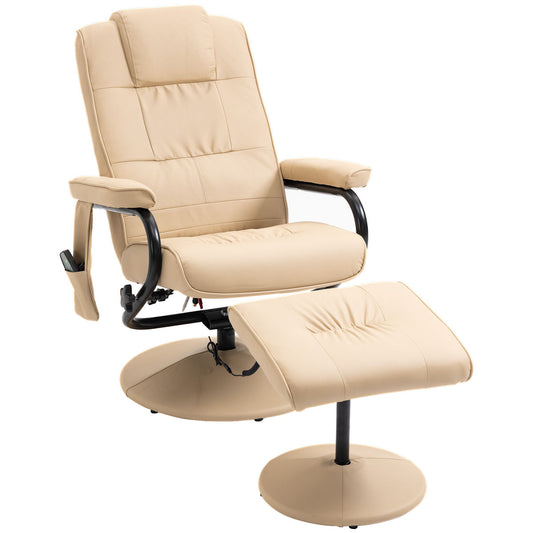 Swivel Recliner Chair And Footstool, Faux Leather Massage Recliner Armchair With Remote Control And Round Wrapped Base, Beige