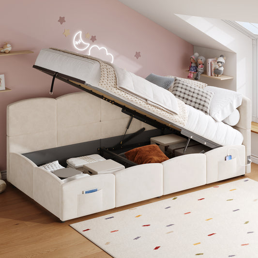Upholstered Sofa Bed 90 X 190 Cm, 3-ft Single Daybed, Children's Bed, Single Sofa Bed With Slatted Frame, Hydraulic Storage, USB Charging, Velvet, Beige Without Mattress