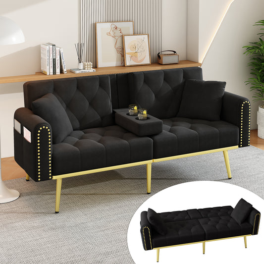 Double Fold Out Sofa Bed With Reclining Function, Three Adjustable Tilt Angles And Cup Holder. Suitable For Living Room, Bedroom, Home Theater Or Guest Room. Fabric Cover. Black