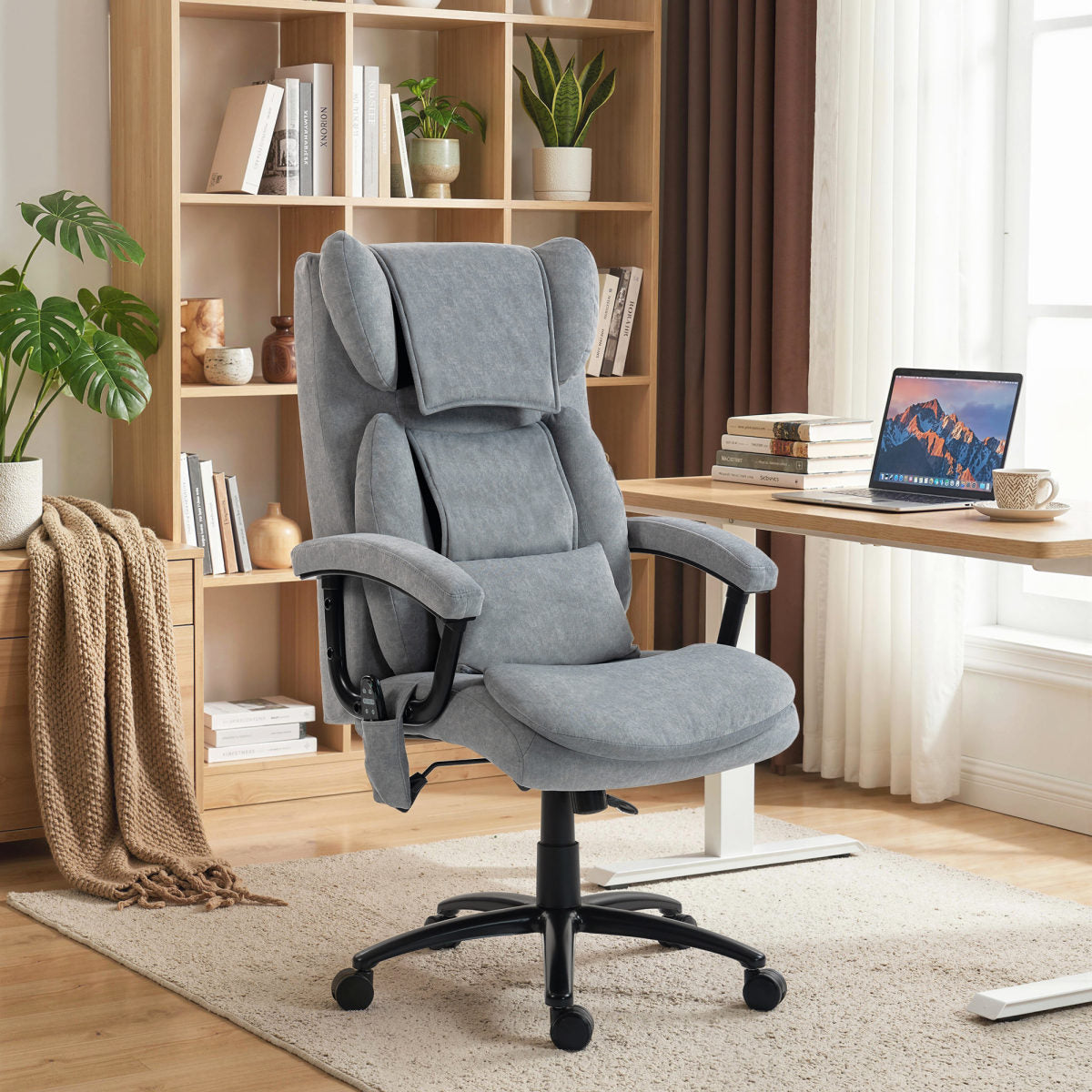 Ergonomischer Massage-Bürostuhl Mit 4 Knetpunkten, Chefsessel Mit Hoher Butterfly-Rückenlehne, Breitem Sitz, Grau