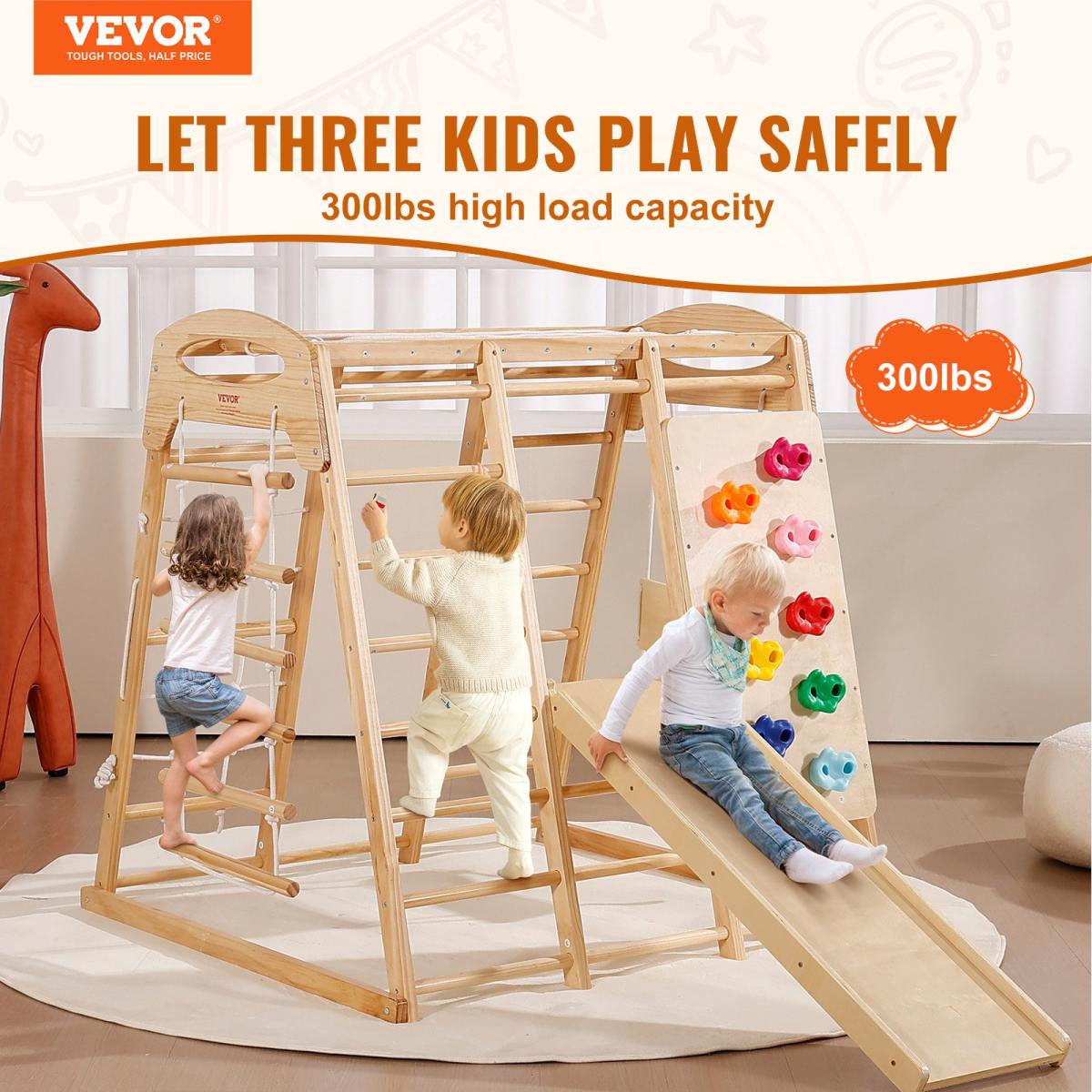 Indoor Jungle Gym, 7-in-1 Toddler Indoor Playground, Wooden Toddler Climbing Toys Indoor With Wood & Rope Ladder, Net Ladder, Swing, Monkey Bar, Slide, Climbing Wall, 43 X 47.2 X 47in