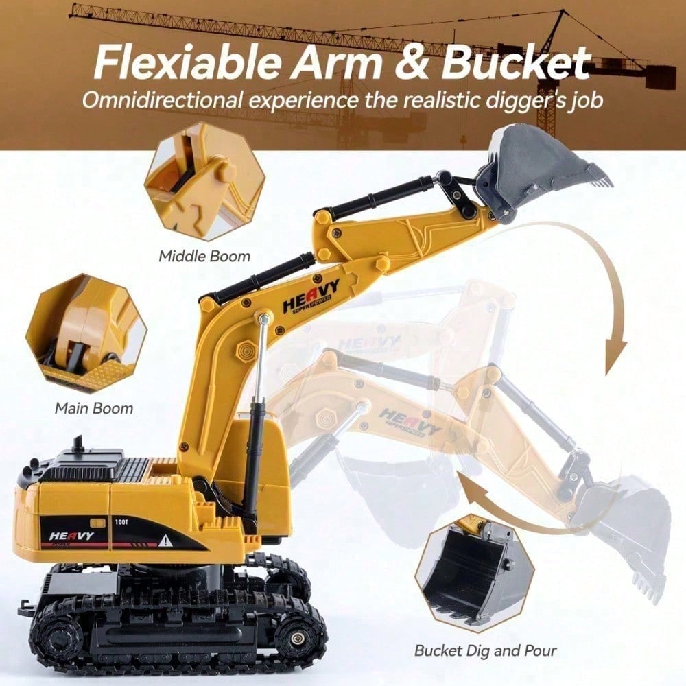 T1 22 RC Excavator Toy For Kids, Remote Control Construction Vehicle With Lights And Flexible Arm, 6CH Rechargeable Engineering Digger Truck Gift For Children, Toys For Boys, Construction Toys