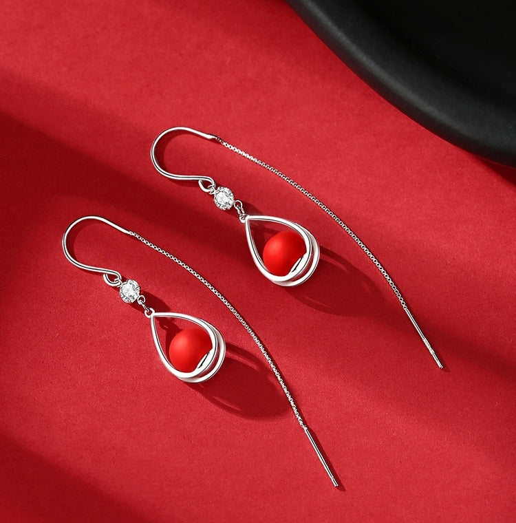 1 Pair 999 Sterling Silver Zircon Teardrop Red Bead Long Threader Earrings, Elegant & Versatile, Perfect For Daily, Dating & Festivals, Ideal Valentine's Gift