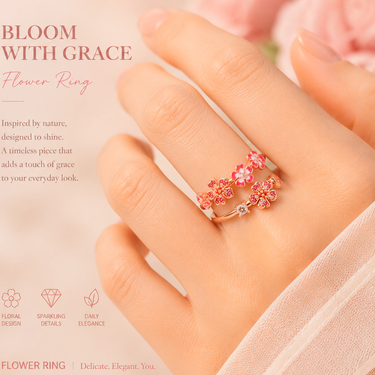 Hot Selling On Amazon & Temu, Copper Flower Ring For Women, Elegant Premium Floral Ring With Dense Paved Beads, Fashion Ladies Jewelry Wholesale