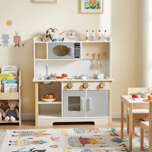 Wooden Play Kitchen Set Realistic Toddler Kitchen Playset With Oven Dishwashing Sink For Children Above 3 Years Old