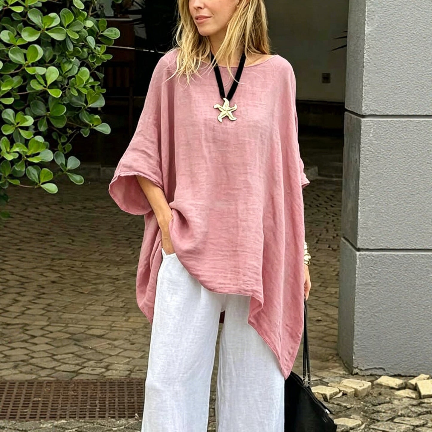 Womens Irregular Fashion Solid-Color Round-Neck Casual Top