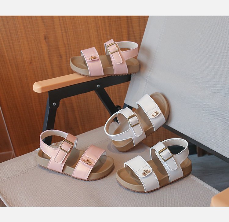 Girls' Fashion Letter Metal Button Sandals Korean Version Baby Velcro Single Shoes Girls' Leather Shoes