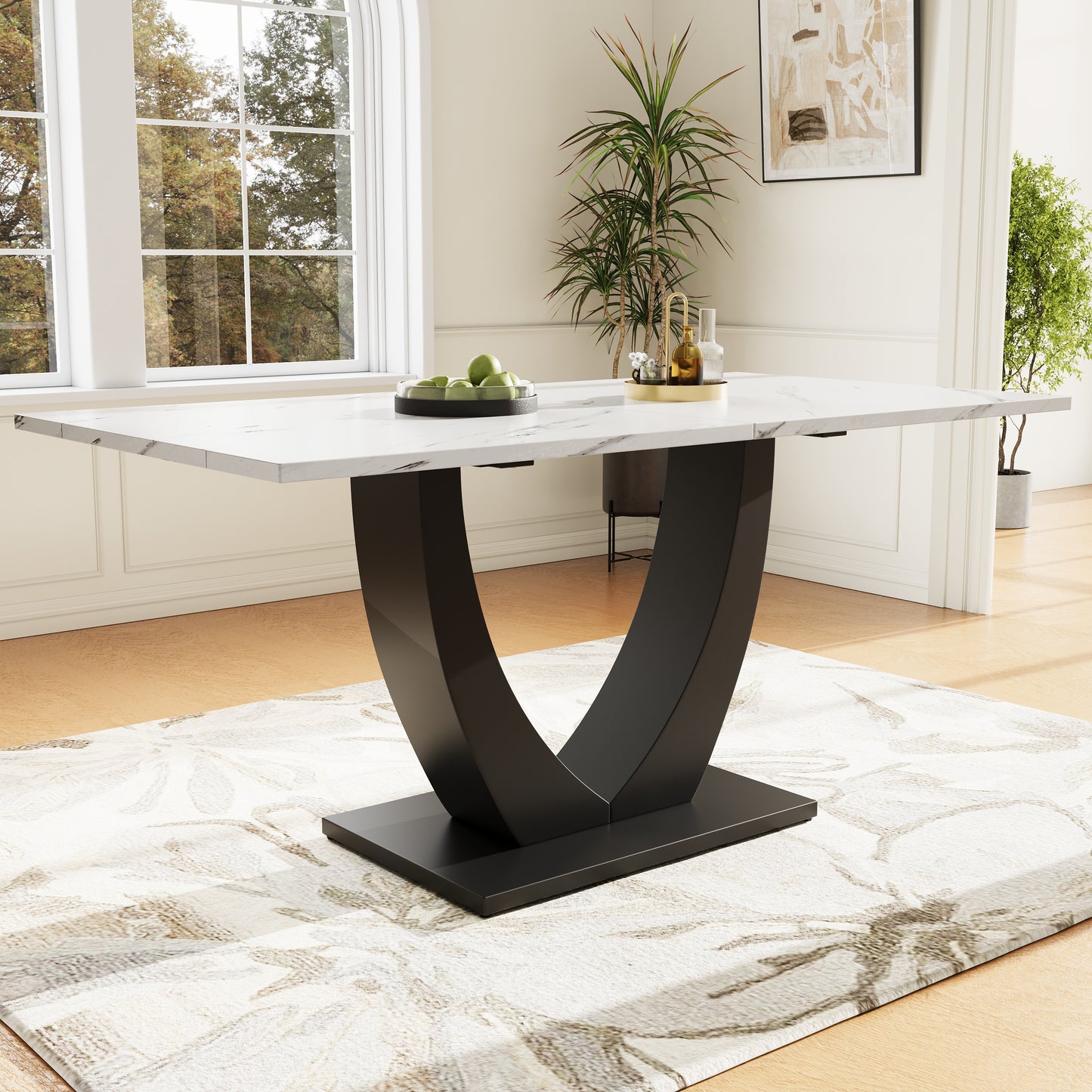 140 X 75.5cm Dining Table,  1-pcs , Modern Kitchen Table, Metal Frame Rectangular Dining Table Modern Marble Pattern Kitchen Table With Adjustable Feet For Dining Room Living Room, White Black