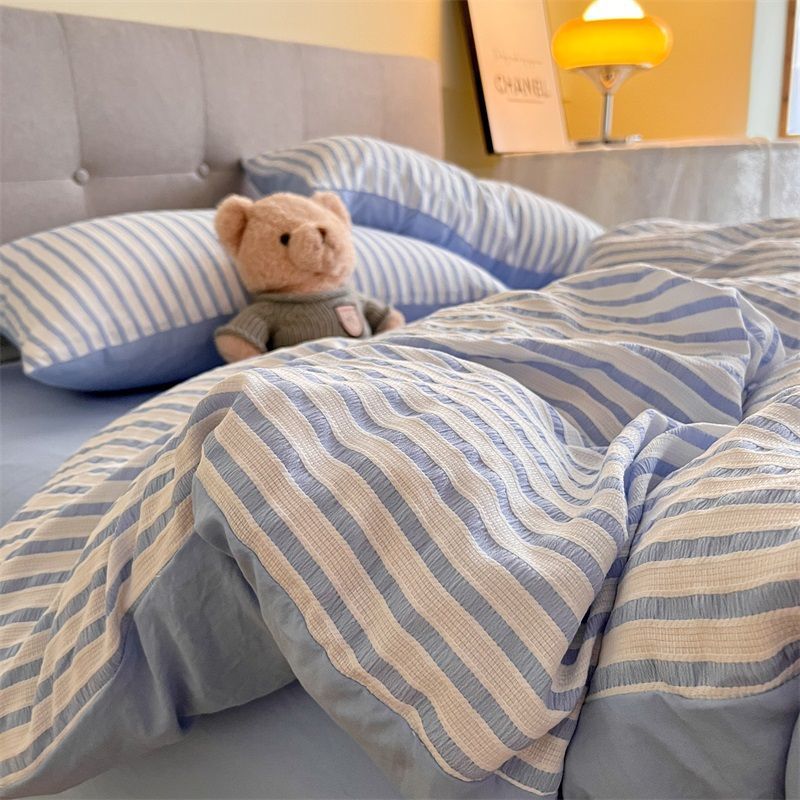 Korean-style Striped Puffy Duvet Cover 4-piece Bedding Set