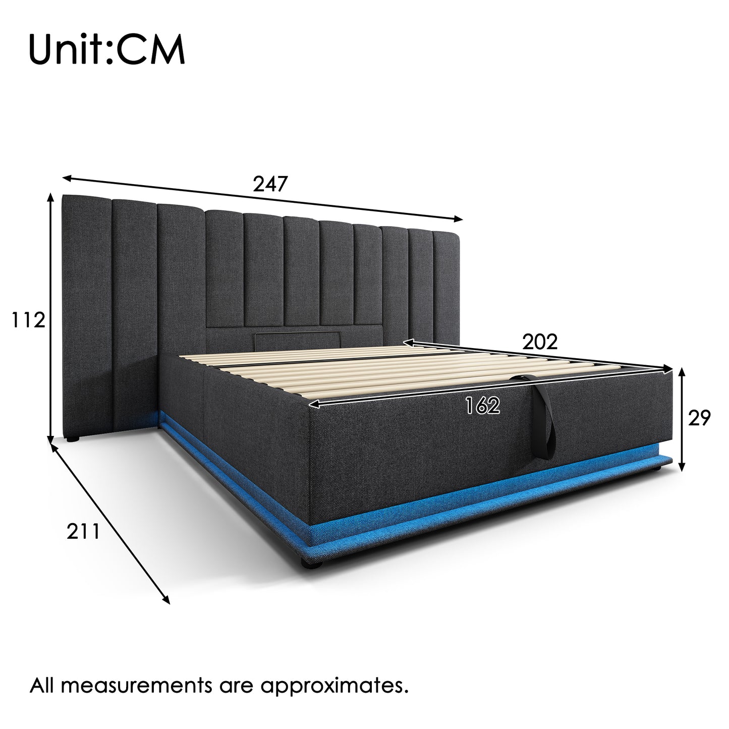 Upholstered Bed 160x200, Double Bed Storage Bed With App Control LED And USB-C Charging Function, Bed Frame With Slatted Frame, Linen, Grey, Without Mattress And Bedside Table