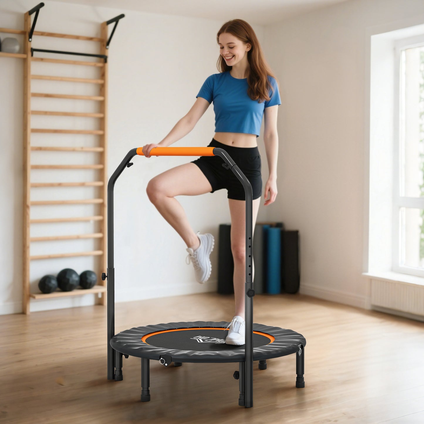 40" Foldable Mini Fitness Trampoline, With Adjustable Foam Handle, Orange