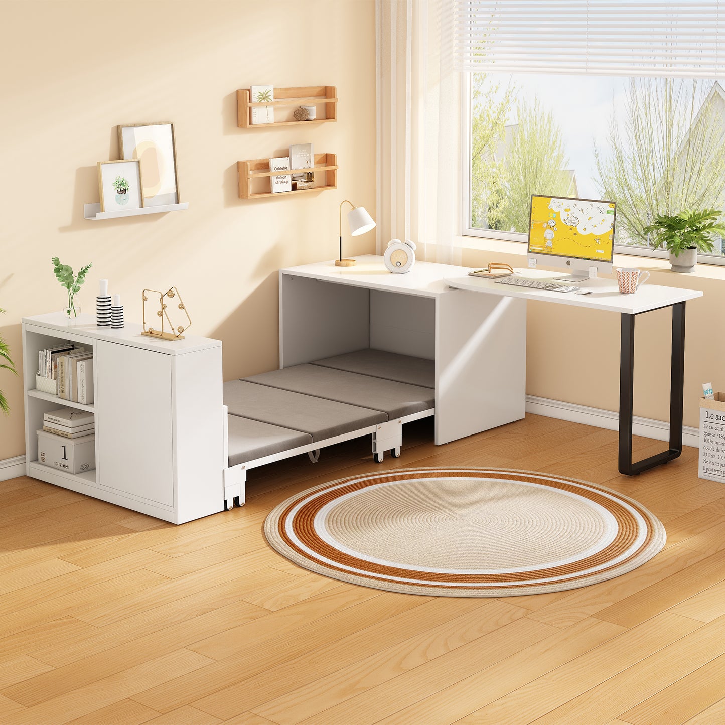 This 2-in-1 Desk And Folding Bed Feature A Metal Bed Frame And Legs, A 4cm Thick Mattress, Castors, A Single Cabinet With Two Storage Compartments And Are White.