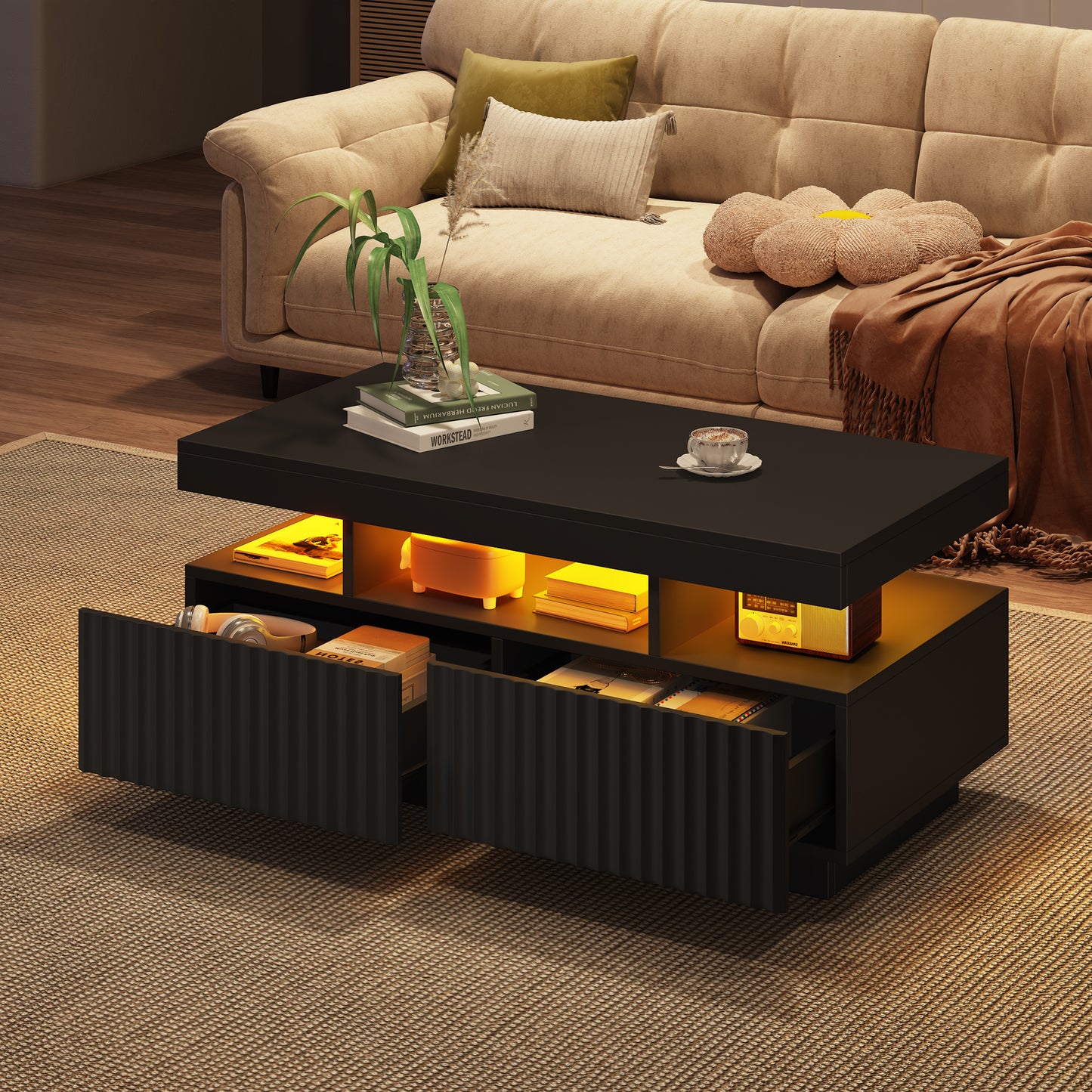 100 X 50 X 45 Cm Large Coffee Table With Two Drawers,Vertical Striped, Vacuum Molded Tea Table, Living Room Table,Coffee Table With LED Light Bar,Black