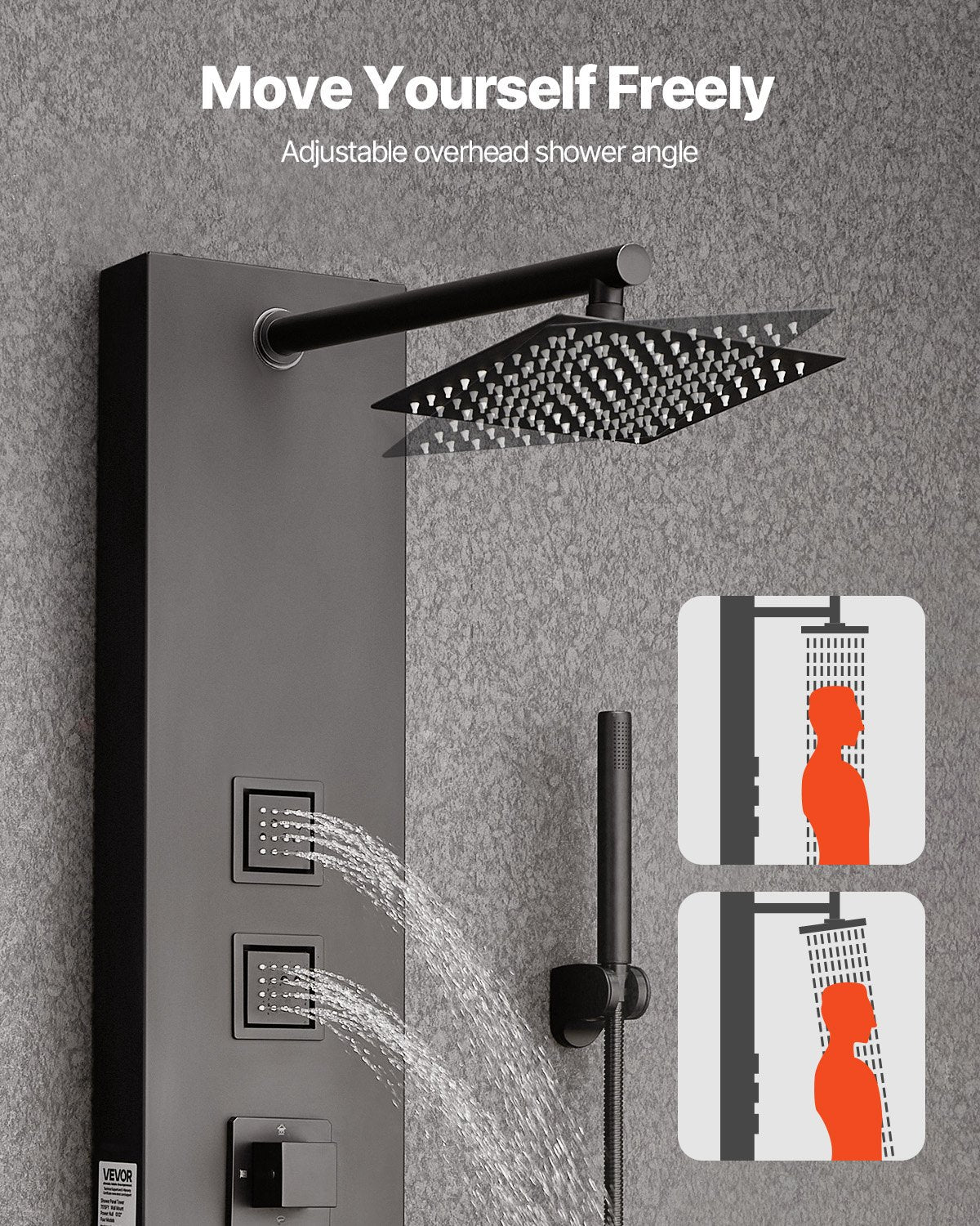 Shower Panel Tower System With Rainfall Shower Head, 49 In Brushed Stainless Steel Shower Column, 4-Function Faucet, Wall-Mount Rain Massage System, With 4 Body Jets,  Handheld, And Tub Spout