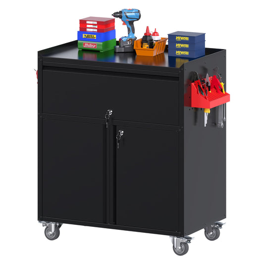 Reemoon 35inch H Metal Garage Storage Cabinet On Wheels,1Drawer Tool Storage Cabinet With Pegboard And 4 Hooks For Garage, Home, Office,Assembly Required,Black