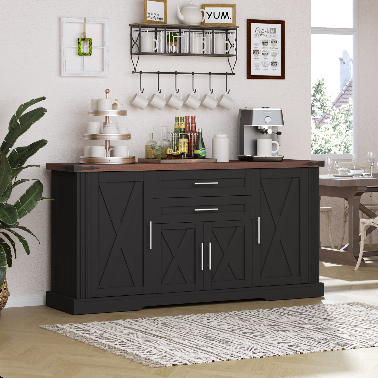 63  Farmhouse Barn Door Storage Cabinet With 2 Drawers & Door Rack, Large Buffet Table Coffee Bar Cabinets With Adjustable Shelves For Kitchen, Living Room, Entryway, Dining Room, Black