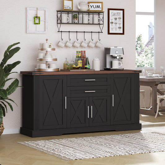 63  Farmhouse Barn Door Storage Cabinet With 2 Drawers & Door Rack, Large Buffet Table Coffee Bar Cabinets With Adjustable Shelves For Kitchen, Living Room, Entryway, Dining Room, Black