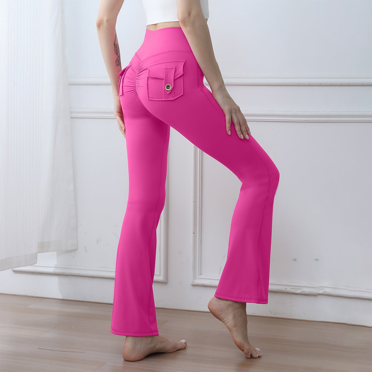 Women's High-Waisted Cargo Pocket Peach Butt Yoga Pants For Autumn And Winter, European & American Style, Stretchy Lifting Butt Quick-Dry Athletic Leggings For Running And Fitness