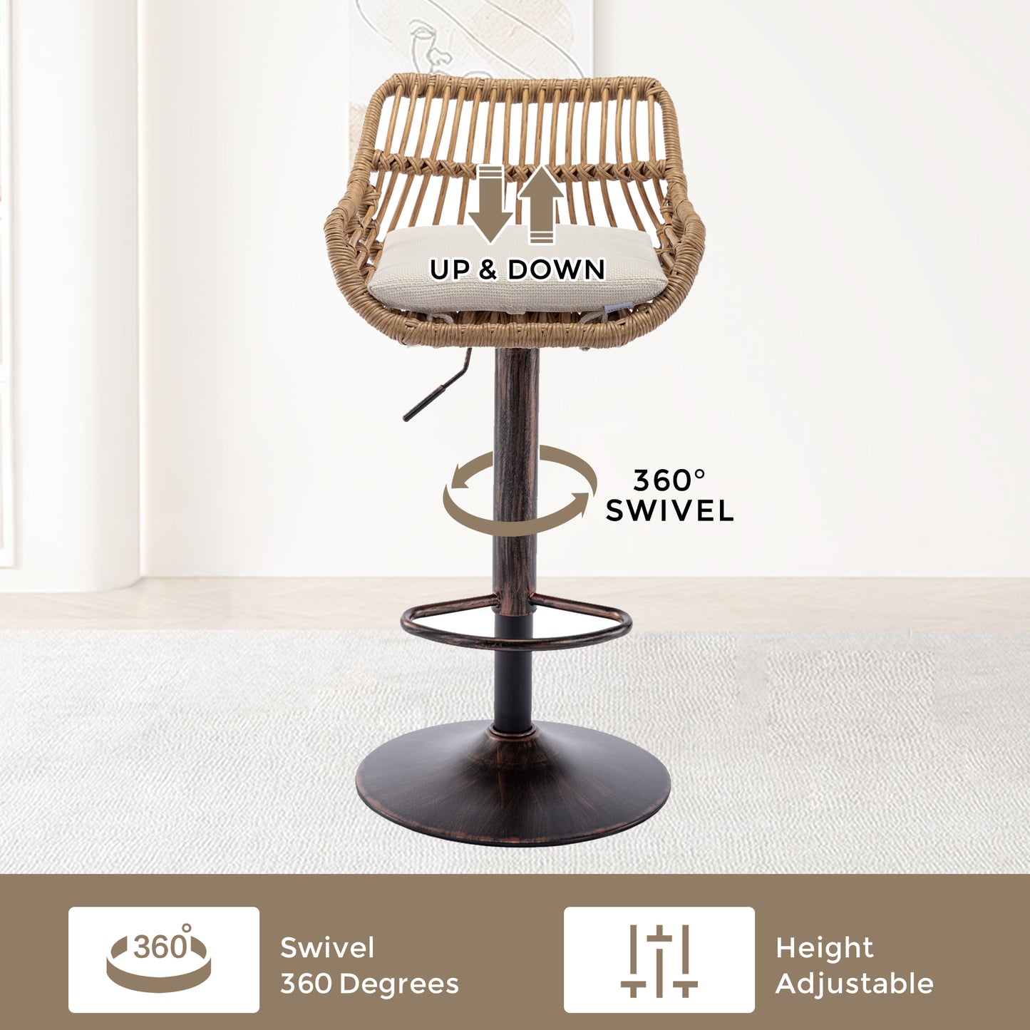 Modern Swivel Bar Stools Set Of 2 Adjustable Counter Height Chairs With Footrest For Kitchen, Dining Room  Beige